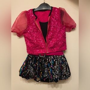 Weissman black leotard with sequin skirt and pink sequin jacket, hair clip